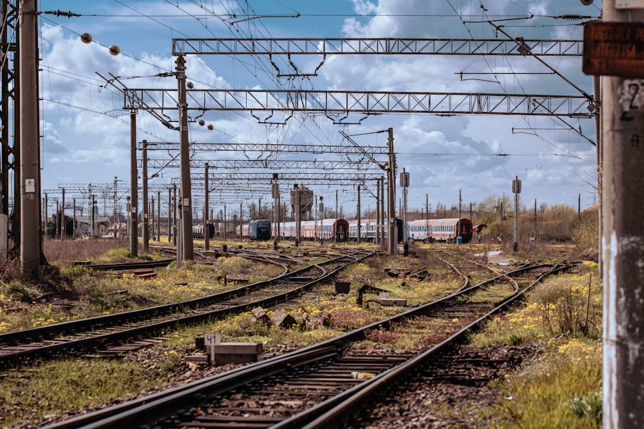 A wide-angle view of multiple railway tracks converging and diverging, with overhead electrical wiring supported by tall wooden and metal poles, situated in a semi-urban environment with green foliage on either side. The tracks are made of steel rails fixed on wooden sleepers, with gravel ballast underneath, extending into the distance beneath a partly cloudy sky. In the background, several red and white train carriages are visible stationary or moving along the tracks. To the right, there is a small building with a sloped roof and a green grassy area, indicating proximity to residential or office premises. Overhead electrical wires are strung between supporting poles, used for train power supply, and the scene is typical of a busy rail junction or station area. This image, associated with house removals and relocation services, captures the logistics of freight or passenger transport infrastructure which often complements home relocation processes managed by companies like Man With a Van Mitcham.
