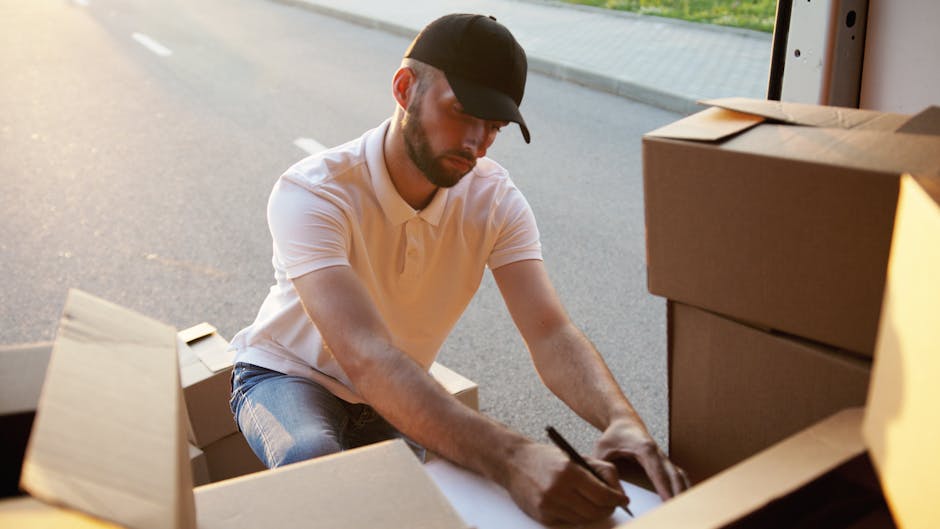 A woman wearing a white cap and a black sleeveless top is using a clipboard and pen to take notes during a home relocation process. She is standing outdoors near the entrance of a property, with sever